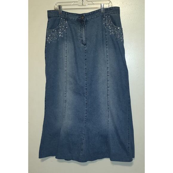 Style Midnight Velvet Denim Jean Skirt Rhinestones BLING Flare Women's SIZE XL - Picture 1 of 15